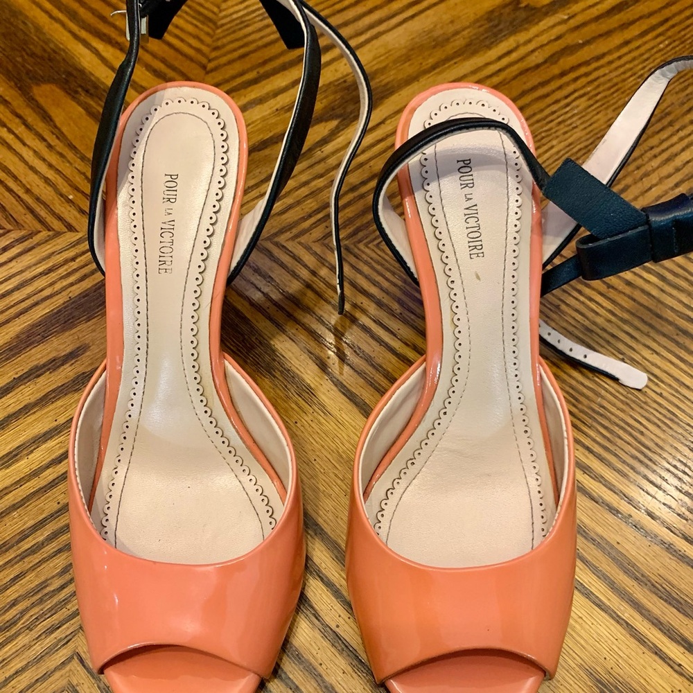 Pour La Victoire Coral Peep Toe Heels with Black Bow at Heel